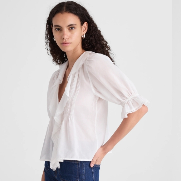 Madewell White Pintucked Ruffled V-Neck Puff-Sleeve Button Front Top Size Large - Picture 2 of 12